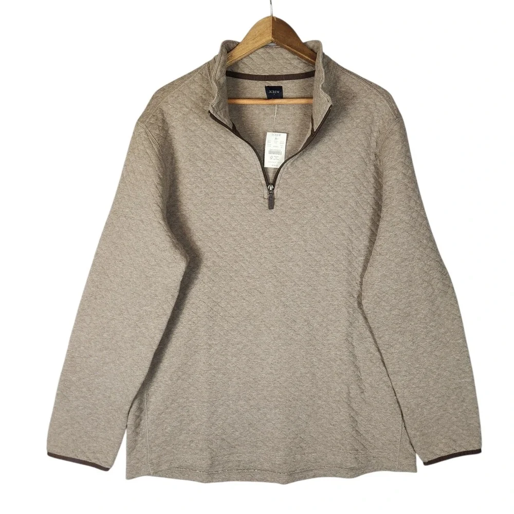 J. Crew Quilted Quarter-Zip Pullover Men's XL Tan‎ Cotton Sweater NWT